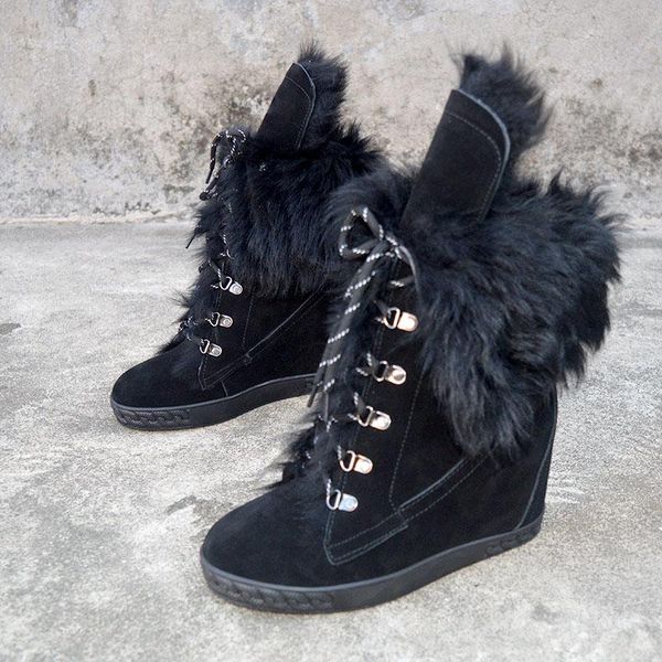 

boots winter warming woman black suede height increasing 8 cm wedge thick sole lace up casual fur snow short ankle