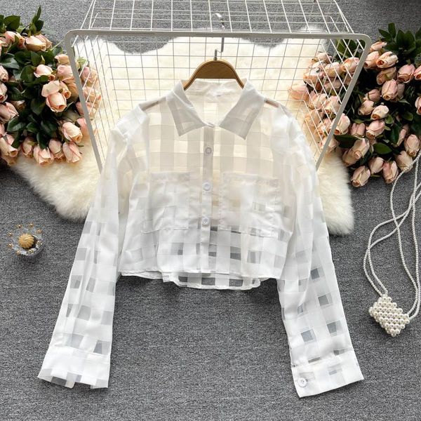 

women's blouses & shirts summer lattice sunscreen women lapel temperament slim short crop long sleeve 2021 z926, White