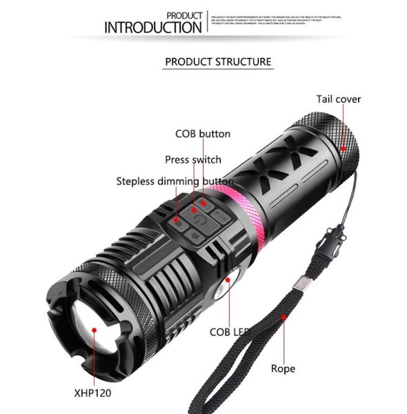 

flashlights torches xhp120 + cob super powerful led tactical light torch usb rechargeable zoomable waterproof outdoor lamp lanter
