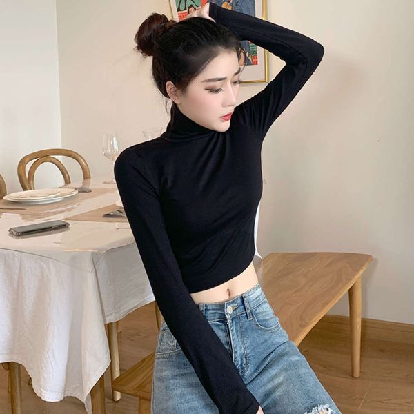 

black short bottomed long sleeve pile neck early autumn winter thin with t-shirt high waist close fitting navel top, White