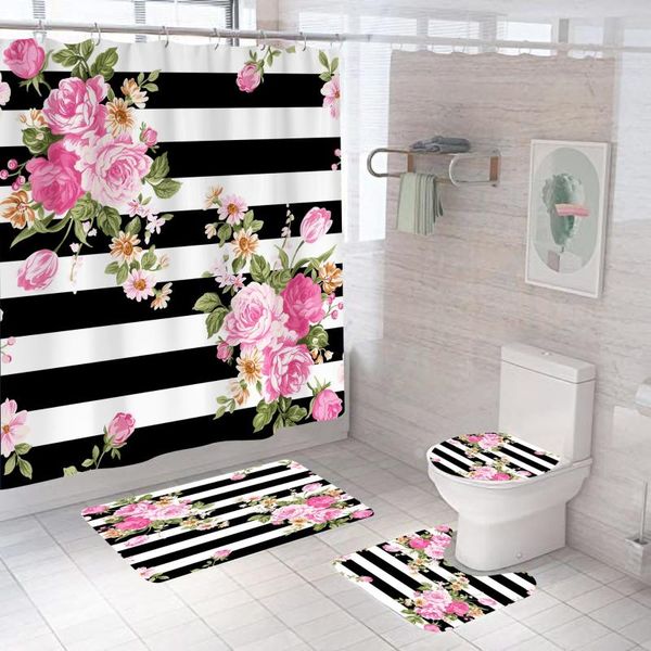 

shower curtains stripe flower digital printing home bathroom decoration waterproof curtain floor cushion toilet cover decorative
