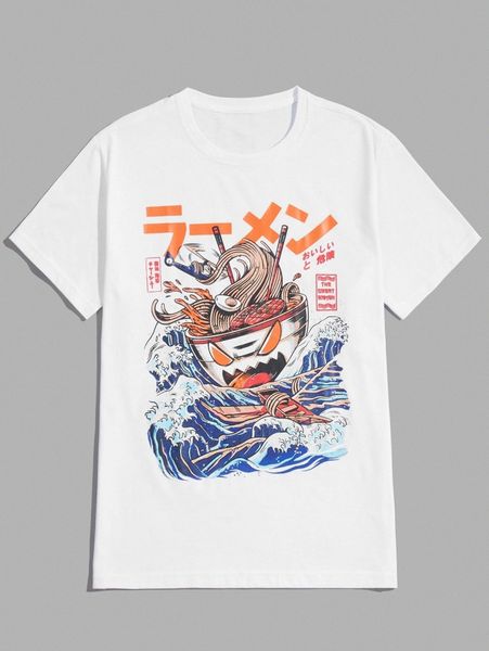 

romwe x ilustrata 1pc noodle graphic tee k2um#, White;black
