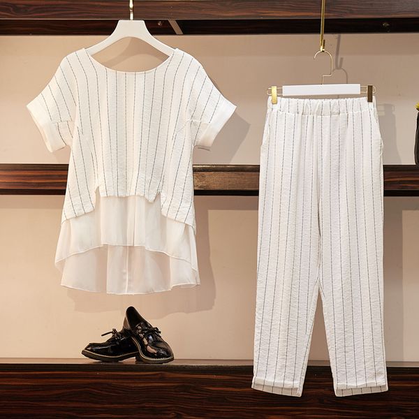 

summer clothes women large plus size 5xl sports suit and pant two piece sportwear tracksuit matching set stripe home outfit 210302, White