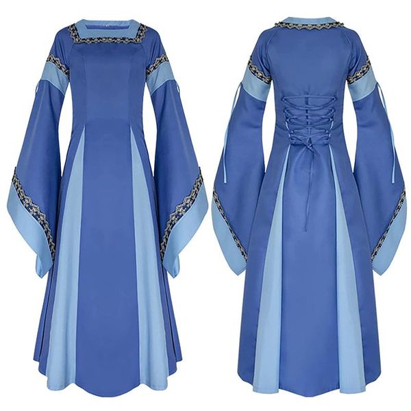 

casual dresses women's halloween vintage two color dress patchwork trumpet sleeve costume for, Black;gray