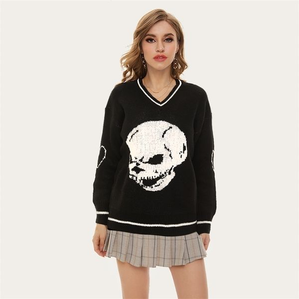 

women's v-neck vest skull printed sweater loose casual knitted comfortable street retro autumn winter jackets 211011, White;black