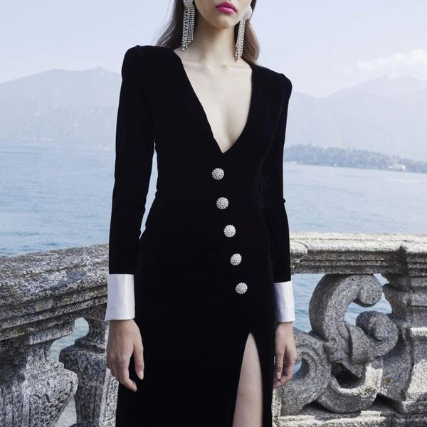 

casual dresses v-neck long sleeve evening dress prom gown party vestido de festa velvet maxi celebrities banquet wear, Black;gray