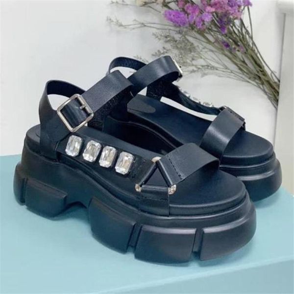 

sandals black women 7cm thick sole platform creepers casual flat shoes woman rhinestone summer beach sandal flats