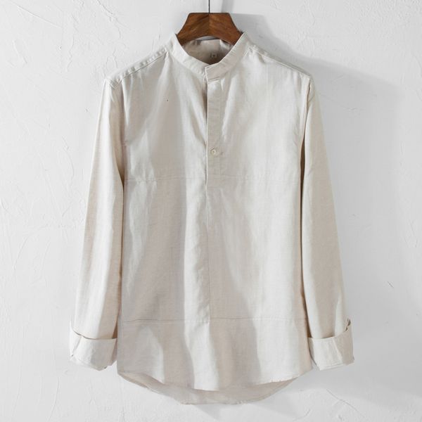 

2021 new primavera e outono moda casual linho masculina gola costura de manga comprida magro camisas masculinas marca tendncia camisa cdlf, White