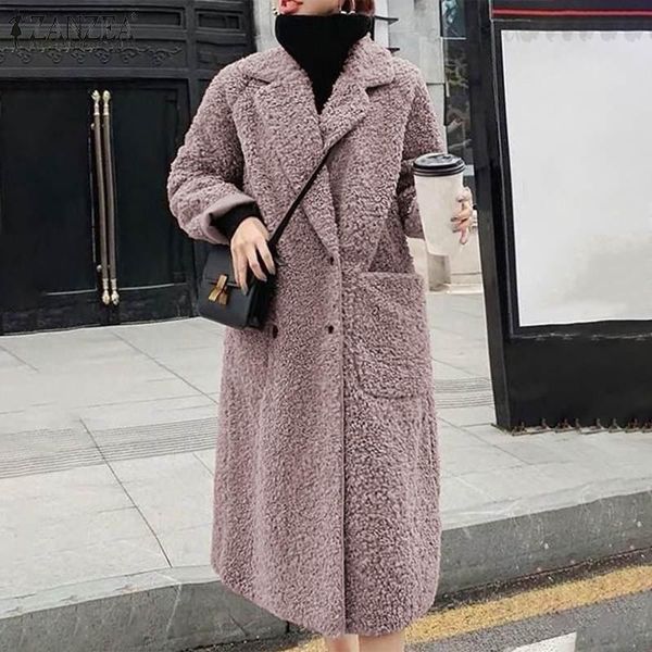 

women's wool & blends zanzea fashion lapel plush coats womens autumn winter long cardigans casual soft fleece jackets female solid offi, Black