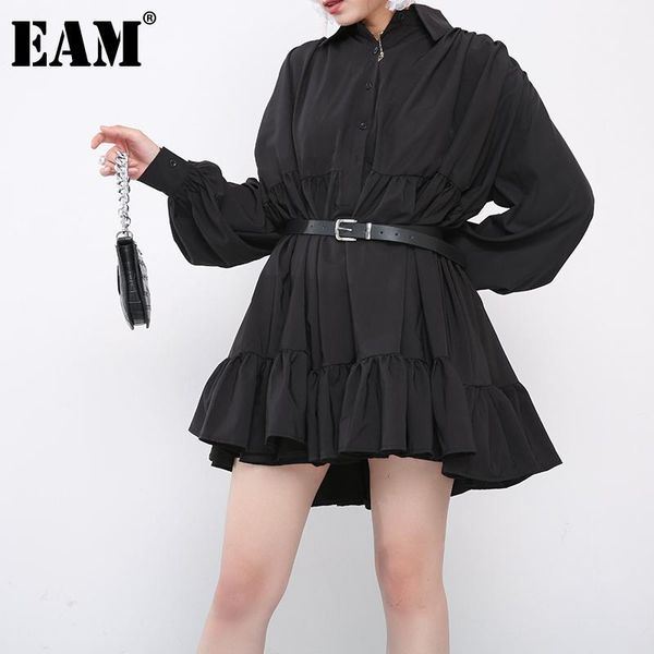 

casual dresses [eam] women black pleated minishirt dress lapel long puff sleeve loose fit fashion tide spring autumn 2021 1dd308601, Black;gray