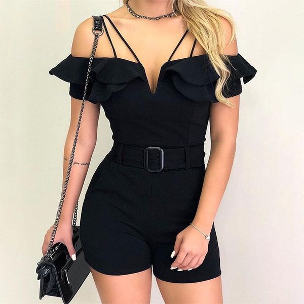 

women's jumpsuits & rompers off shoulder for women 2021 elegant v cut casual party playsuit layered ruffles belted romper jumpsuit shor, Black;white