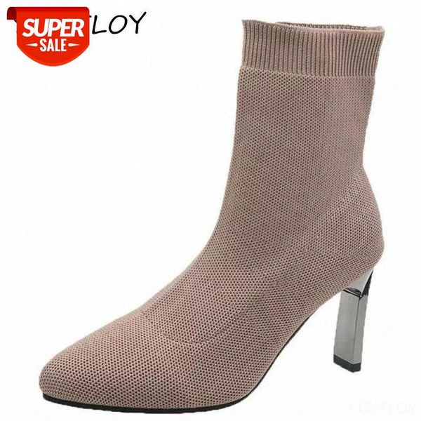 

metal blade heels socks boots women stretch fabric elastic stilettos heel pointed toe ankle boots shoes woman boats #rr6t, Black