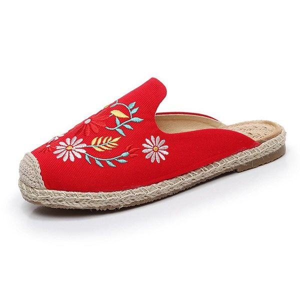 

summer vintage embroidered flower women slippers summer casual shoes slip on linen canvas slides ladies mules flat shoes, Black