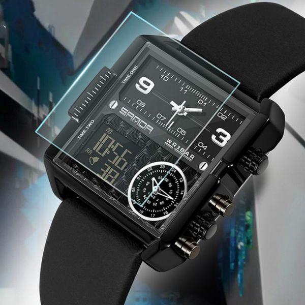 

wristwatches men watch 2021 creative 3 time display led watches sports wrist for waterproof leather clock reloj hombre, Slivery;brown
