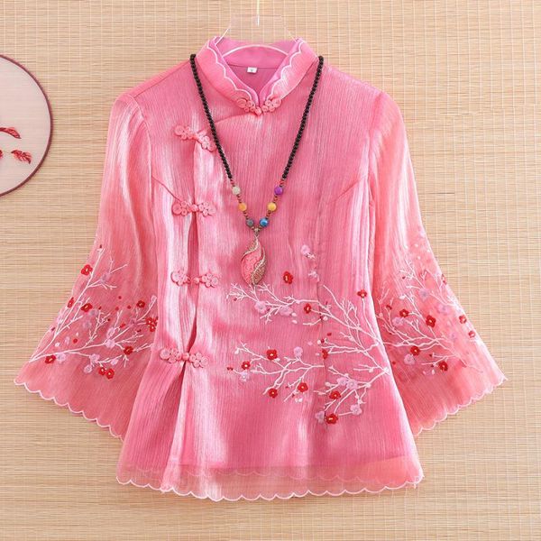 

ethnic clothing high-end spring and summer chinese style embroidery branch plum blouse shirt women fashion elegant slim lady s-xxl, Red