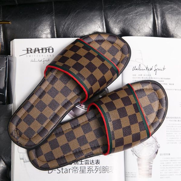 

genuine leather men slippers luxury checkered pattern brand designer slides black brown beach flip flop outdoor indoor flat fashion sandals