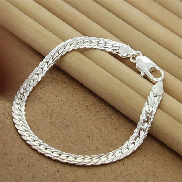 

link, chain 925 sterling silver bracelet 8 inch 5mm flat snake for men & women party charm jewelry gift, Black