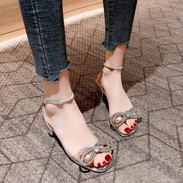 

sandals women summer fashion women's 2021 rhinestone bow banquet shoes square heel open toe, Black