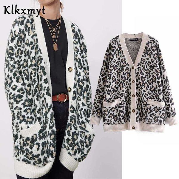 

klkxmyt za women fashion leopard print knitted cardigan sweater woman spring coat vintage long sleeve v neck female jacket 210527, White