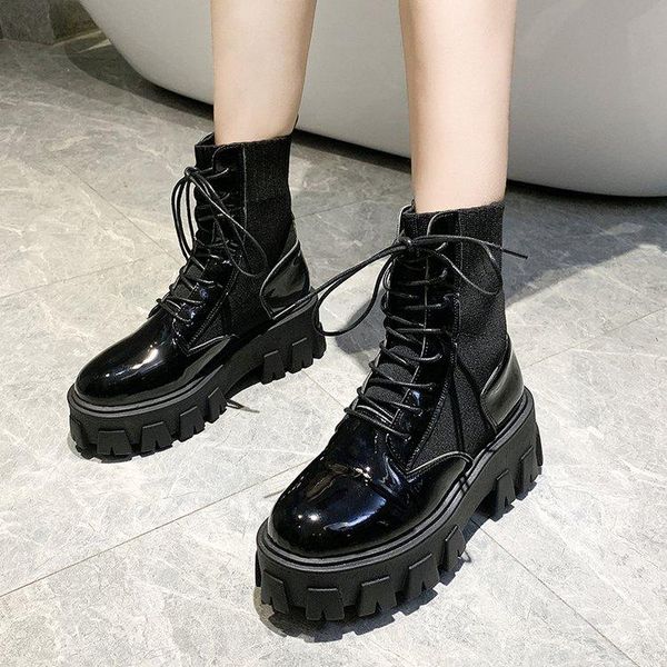 

boots patent leather black high platform women fashion 2021 non-slip wear-resistant sole ankle ladies
