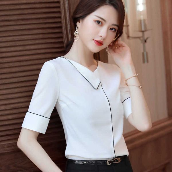 

women summer simple style chiffon blouses shirts lady office work wear ol blusas short sleeve notched df2972 210609, White