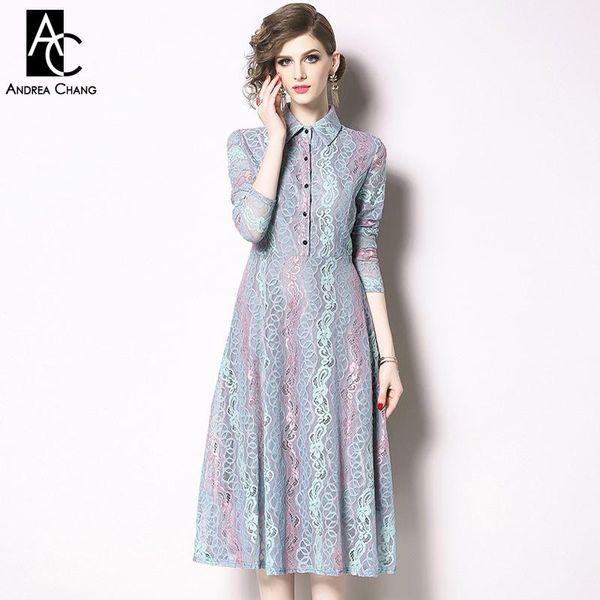 

casual dresses s-xxl spring summer woman dress blue pink paisley flower strip pattern lace full sleeve fit and flare calf length, Black;gray