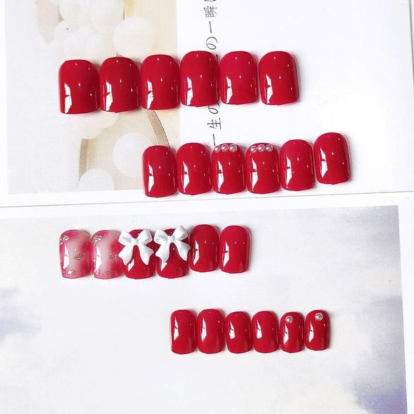 

false nails 24pcs bow wine red nail patch square head glue type removable short paragraph fashion manicure faux ongles, Red;gold