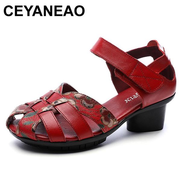 

ceyaneao 2021 genuine leather sandals women chunky heel sandals soft flowers woven fish mouth summer shoes casual mother, Black