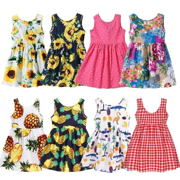 

1-7 years baby girls sleeveless flower print dresses clothes kids summer princess children party ball pageant outfit, Red;yellow