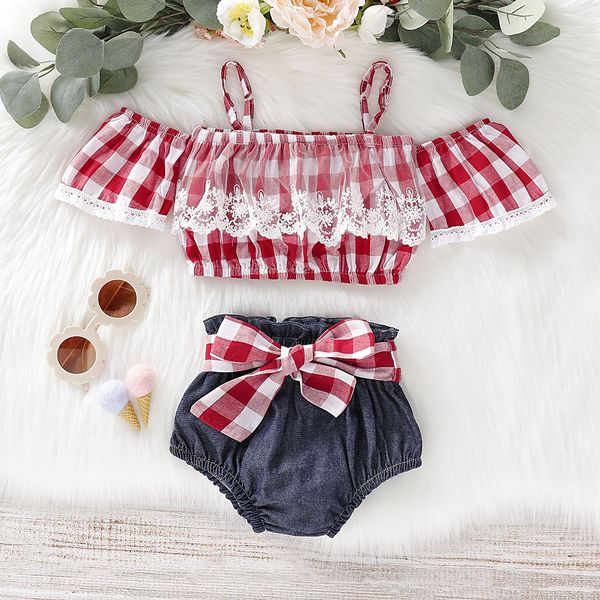 

kid clothes baby girl kids summer clothing sets off shoulder red plaid shirt+denim short summer girl clothing sets b532, White