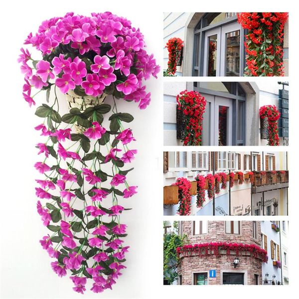 

decorative flowers & wreaths artificial fake flower violet hanging basket orchid wall silk vine home party decoration
