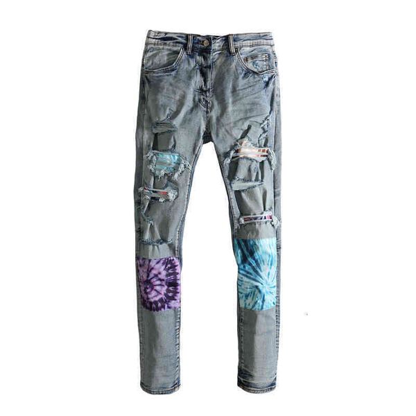 

high street fashion new am creative patch jeans men's elastic slim pants, Blue