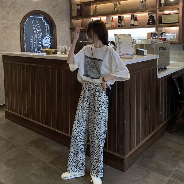 

wide leg pants women korean style summer new wide pants vintage leopard print trousers women high waist pants for women, Black;white