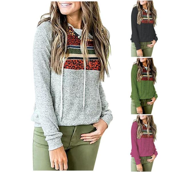 

women's t-shirt leopard print autumn and winter casual retro printing hooded pullover turtleneck long-sleeved 8, White