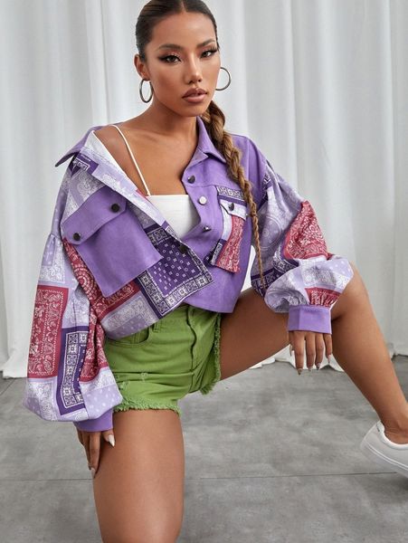 

flap pocket paisley print crop jacket c4we#, Black;brown