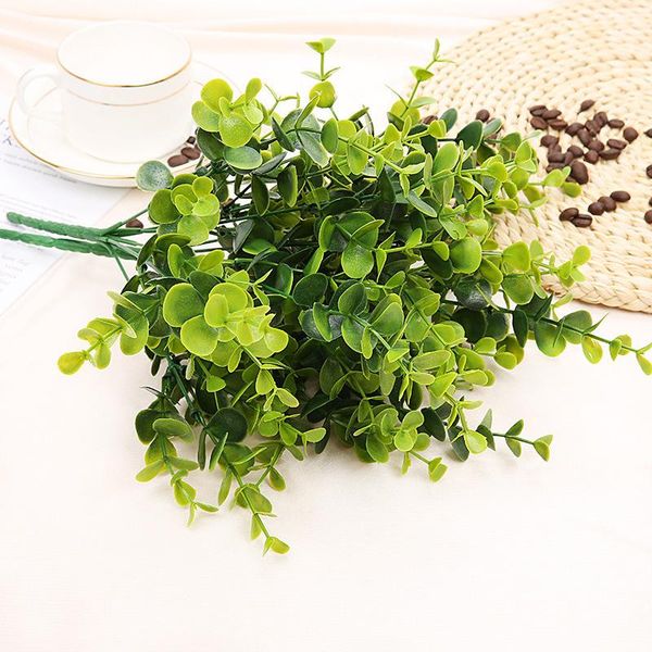 

7 fork money leaf artificial plant potted plant home decoration plastic flowers wall with wood artificial eucalyptus leave