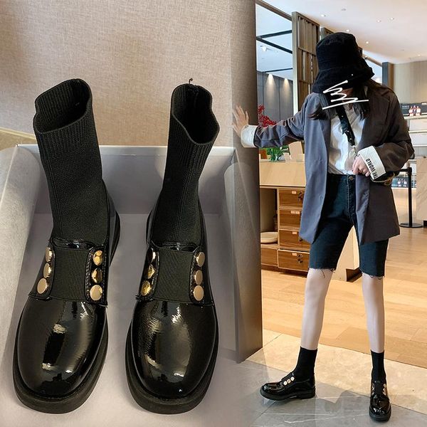 

boots lolita rock shoes woman boots-women clogs platform round toe low rubber 2021 ladies autumn ankle square heel solid basic, Black