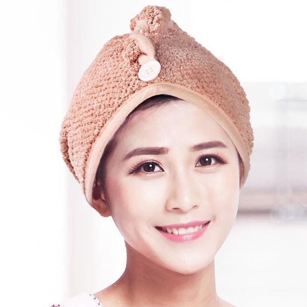 

towel eheh solid color hair dry cap wrap turban drying bath with button bathroom magic hat