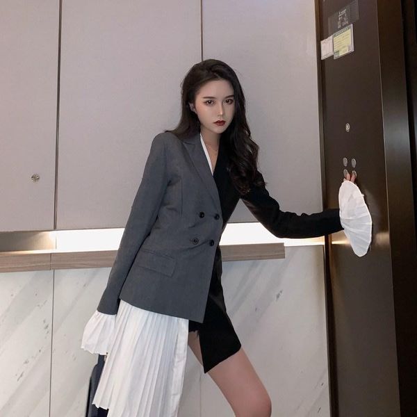 

women's suits & blazers women double-breasted patchwork long blazer 2021 notched flare sleeve irregular jacket casual suit outwear, White;black