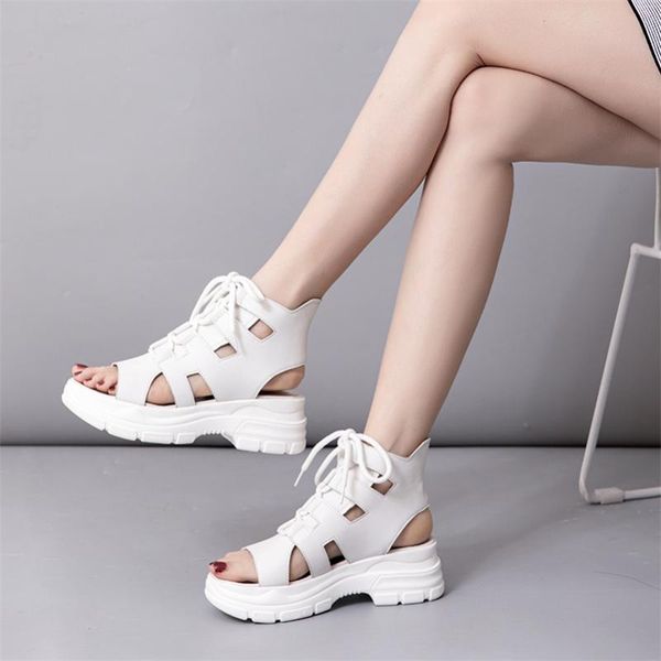 

coolulu 2021 gladiator sandals women shoes flat platform sandles lace up round toe ladies roem footwear summer white big size 40, Black
