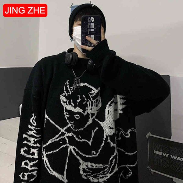 

jing zhe sweaters women streetwear knitted pullover cupid fashion hip hop sweater autumn harajuku oversized outwear jumper, White;black