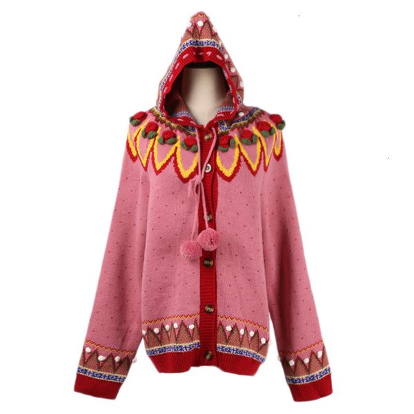 

women's jackets fall winter women long sleeve v-neck strawberry embroidered hooded lace-up pink knit cardigan red christmas coat oversi, Black;brown