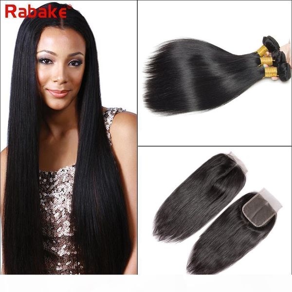 

rabake indian straight hair bundles with closure 100% human hair weaves with 4x4 swiss lace closure unprocesssed human hair extensions, Black;brown