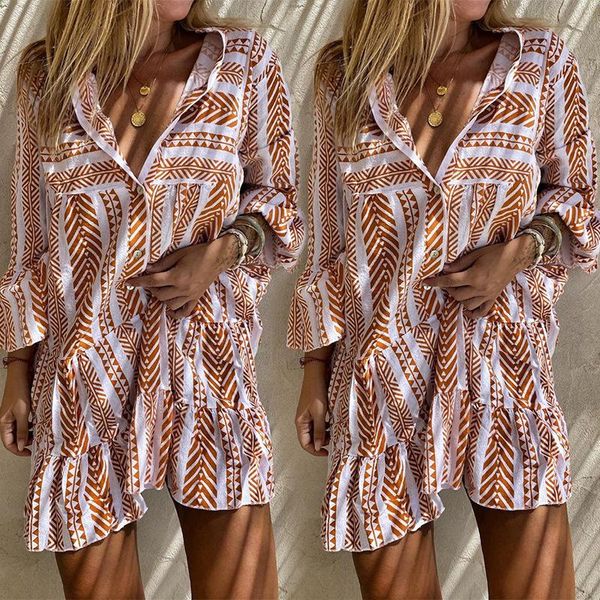 

casual dresses 2021 autumn women dress street bohemian printed v neck long sleeve mini, Black;gray