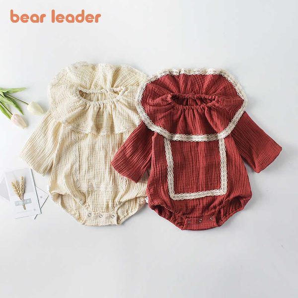 Bear Leader Autunno Baby Pagliaccetti Toddler Girls Tuta intera manica Infantile Casual Primavera Tuta nata Pizzo Tute dolci 210708