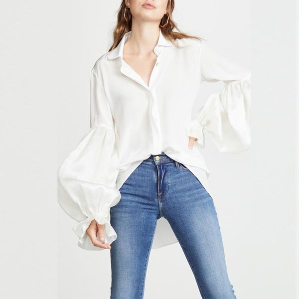 

jaycosin womens and blouses plus size solid shirt blouse lantern sleeve spliced irregular shirt blouse blusas 19july25, White