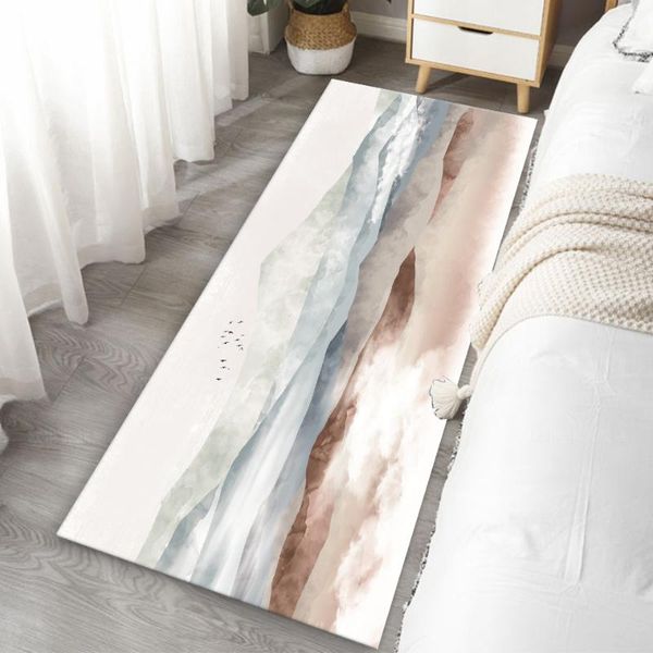 

chinese style landscape printed long mat for bedroom anti-slip mat for kitchen floor flannel bathroom hallway washable