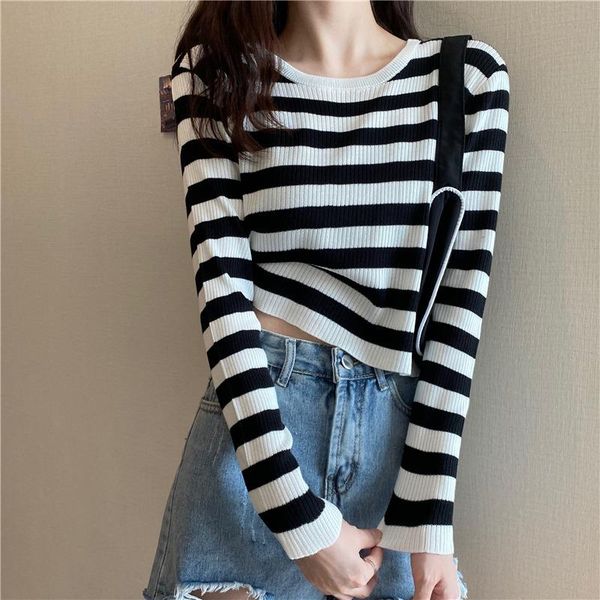 

women's t-shirt striped knitted t-shirts women spring sweet style o neck long sleeve hit colors all match short basic chic tee for girl, White