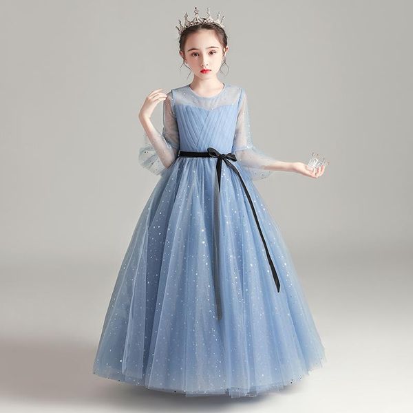 

girl's dresses flower girl luxury three quarter illusion sequined pleat sashes princess floor-length tulle o-neck kids party gown h212, Red;yellow