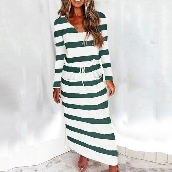

casual dresses #q4 spring autumn drawstring long dress stripe print women maxi v-neck sleeve loose pocket for, Black;gray